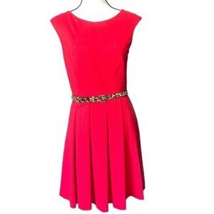 Eliza J Womens Red Sleeveless Fit & Flare Dress Leopard Belt Back Cutout Size 6